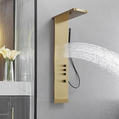 Brushed Gold Shower Panel Tower System Bathroom Wall Mount | Rain Shower Head with Body Jet Massage and Rainfall Hand Shower,High Pressure Large Area,Flexible Shower Hose,Stainless Steel - color: Brushed Gold, style: Shower Panel-Standard