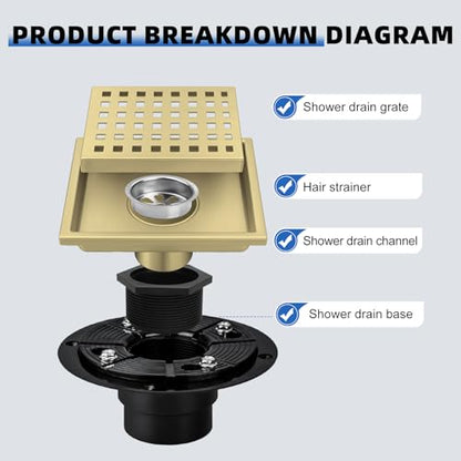 Gold Shower Drain 6 inch with Flange, Square Shower Drain with Removable Grate Cover, SUS 304 Stainless Steel, Brushed Gold - color: Brushed Gold, size: Square surface