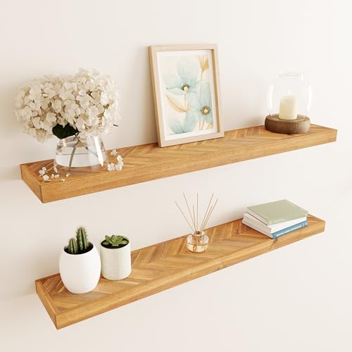 Howizz 36" Acacia Chevron Floating Shelves Set of 2 - Wall Mounted Wooden Shelf for Stylish Home Décor - Natural Color - 36x6.7x1.5 Inches - color: 3. Chevron - Natural, size: 36"