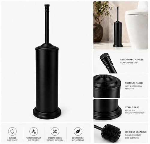 Black Toilet Brush and Holder Set，Extra Long Handled Toilet Bowl Brush and Holder，Stainless Steel Heavy Duty Toilet Brush for Bathroom,Deep Cleaning Modern Toilet Cleaner Slip Base - color: Black