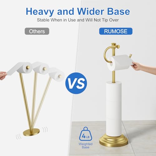 RUMOSE Toilet Paper Holder Stand for Floor, Brushed Gold | Bathroom Free Standing Toilet Tissue Roll Holder with Storage, Adjustable 17-25 Inch, Rustproof, SUS304 Stainless Steel - color: Brushed Gold