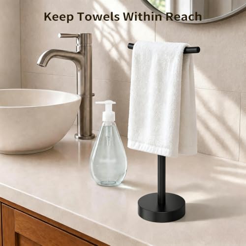 Hand Towel Holder Stand with Weighted Base Matte Black, 17.7" Height | Stainless Steel,Bathroom & Kitchen, Freestanding T-Shape Towel Rack - size: 17.7" Height