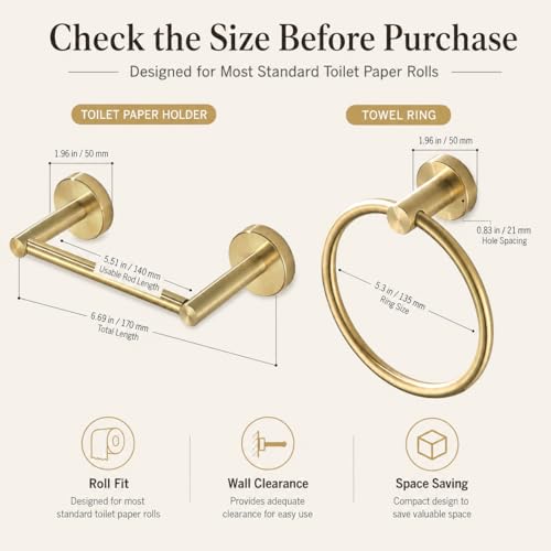 Gold Toilet Paper Holder Towel Ring, Brushed Gold Bathroom Accessories Hand Towel Holder Wall Mount Bath Hardware Set Tissue Roll Holder with Double Post SUS304 Stainless Steel 2pc