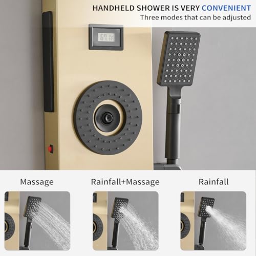 Brushed Gold Shower Panel LED Rainfall Waterfall Shower Head | 6 Functions,Rain Massage,Body Jets,Handheld Shower,Tub Spout,Temperature Display,Wall Mount, Stainless Steel Shower Panel - color: Brushed Gold, style: Shower Panel-LED