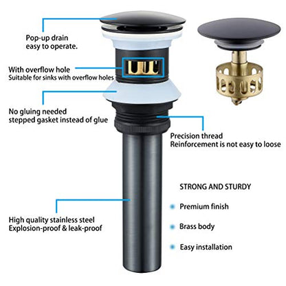 Bathroom Sink Drain with Overflow Hole Black Vessel Vanity Sink Pop Up Drain Stopper with Detachable Basket, Anti-Explosion and Anti-Clogging Drain Strainer - color: Black, size: With Overflow