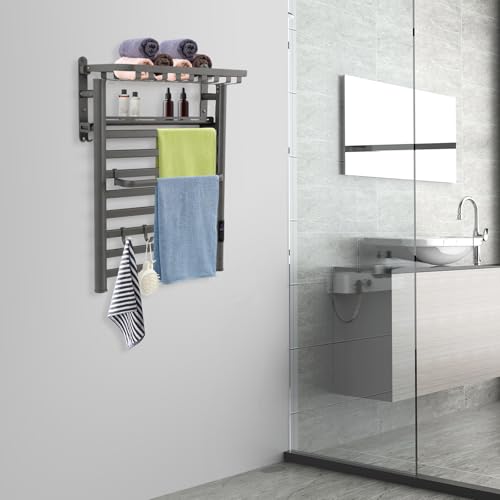 Electric Towel Warmer, Wall Mounted Heated Towel Rack with 8 Hanging Bars & 5 Hooks, 130W Fast Heating Towel Dryer with Smart Touchscreen, 86-140°F Adjustable & 1-8H Timer, IPX4, Dark Grey