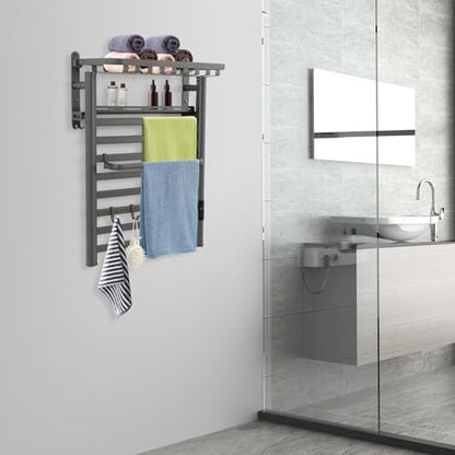Electric Towel Warmer, Wall Mounted Heated Towel Rack with 8 Hanging Bars & 5 Hooks, 130W Fast Heating Towel Dryer with Smart Touchscreen, 86-140°F Adjustable & 1-8H Timer, IPX4, Dark Grey