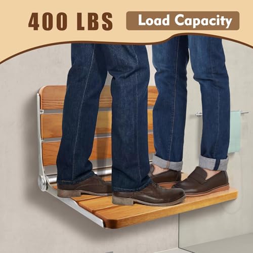 18” Teak Folding Shower Seat Wall Mounted, 400 lbs Heavy Duty Fold Down Shower Bench, Space Saving Bathroom Shower Chair with Stainless Steel Frame, Non-Slip Spa Seat for Elderly & Small Spaces - color: Yellow, size: 18 inchs