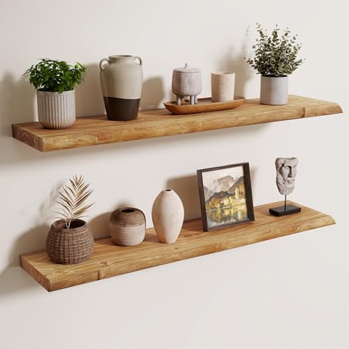 Axeman 36 inch Floating Shelves for Wall - 8'' D Live Edge Rustic Solid Elm Wood Floating Shelves Wall Mounted, Wall Shelves with Invisible Bracket for Living Room Bedroom Kitchen, Set of 2 Natural - color: Natural Elm With Live Edge, size: 36 inches - 2P
