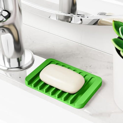 4-Pack Self Draining Soap Dish for Shower Bathroom Waterfall Silicone Soap Saver Tray Sponge Holder for Kitchen Sink Non-Slip Easy Clean (Purple and Green) - color: Purple and Green