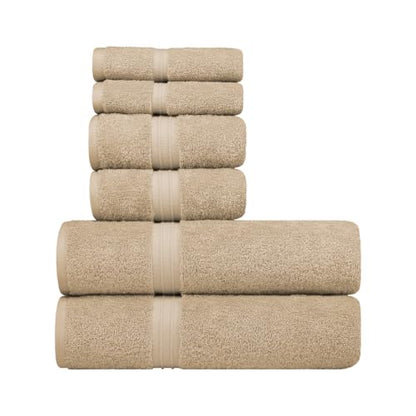 6 Pack Towel Set - 100% Cotton & Soft - Cozy, Luxury, Hotel Quality, Contains 2 Bath Towel (28" x 56"), 2 Hand Towels for Bathroom (16"x28") and 2 Wash Cloths (12"x12") - Beige - color: Beige, size: 6-Piece Bath Towel Sets