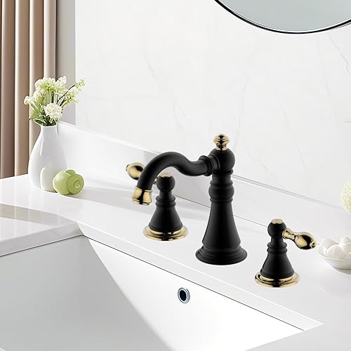 Matte Black with Brass 2-Handle 8 Inch Widespread Bathroom Faucet, 3 Holes | Derengge Traditional Widespread Sink Faucet, With Pop-Up Drain 360° Swivel Stainless Steel Spout, F-8805-MG - color: Matte Black with Polished Brass Trim