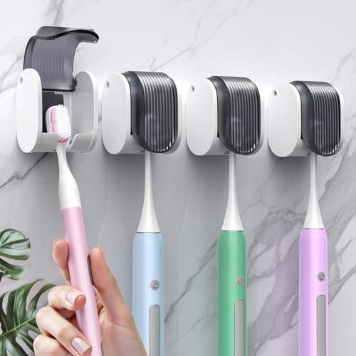 4 Pcs Toothbrush Holders Wall Mounted, Single Slot Design, Shower Self Adhesive Wall Mounted Toothbrush Holder with Cover, Waterproof and Dustproof, Suitable for Bathroom, Family, Travel (Grey) - color: 4pcs-grey