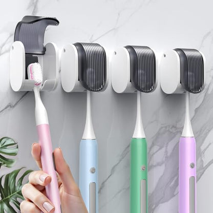 4 Pcs Toothbrush Holders Wall Mounted, Single Slot Design, Shower Self Adhesive Wall Mounted Toothbrush Holder with Cover, Waterproof and Dustproof, Suitable for Bathroom, Family, Travel (Grey) - color: 4pcs-grey