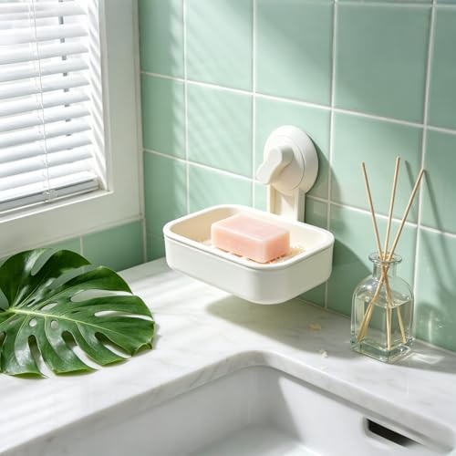 FixtureDisplays® Soap Dish with Suction Cup Wall Mount, Double Layer Self Draining Soap Holder, No Drill PP Plastic Soap Tray for Bathroom Kitchen Sink, 5.43 x 3.86 x 3.94 Inch 22054-2D