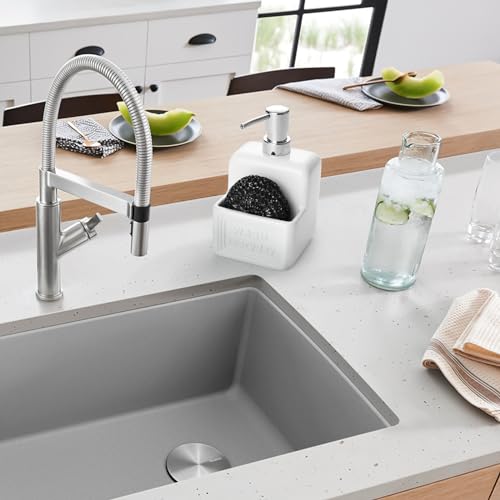 RQYIXI 2-in-1 Ceramic Dish Soap Dispenser with Sponge Holder, White, 15 Oz | caddy kitchen sink organizer embossed design mesh scrubber refillable pump countertop lotion bathroom vanity - color: Rectangle White