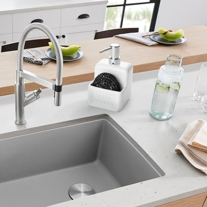 RQYIXI 2-in-1 Ceramic Dish Soap Dispenser with Sponge Holder, White, 15 Oz | caddy kitchen sink organizer embossed design mesh scrubber refillable pump countertop lotion bathroom vanity - color: Rectangle White