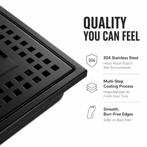 6 Inch Matte Black Square Shower Drain Kit with Lift-Out Hair Catcher, 304 Stainless Steel Shower Floor Drain with ABS Flange, for Bathroom