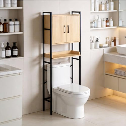 Karl home Over The Toilet Storage Cabinet, Bathroom Space Saver Organizer | Freestanding Above Toilet Rack with Adjustable Shelf, Open Shelf and Acrylic Glass Doors for Bathroom Storage