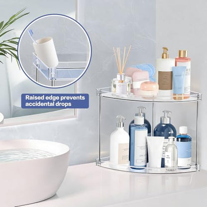 2 Tier Corner Bathroom Organizer, Clear Bathroom Counter Shelf for Vanity Countertop, Kitchen, Sink Storage, Tiered Skincare Organizer for Makeup, Perfume, Beauty Supplies (Triangular)