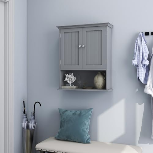 Bathroom Wall Cabinet, Over the Toilet Storage Cabinet with 2 Doors, 3 Heights Adjustable Shelf & Open Shelf, Wooden Hanging Medicine Cabinet for Bathroom, Kitchen, Living & Laundry Room, Gray - color: Grey