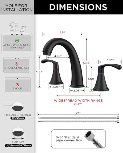FORIOUS Bathroom Sink Faucet 3 Hole Widespread 8 Inch 2 Handle Matte Black | 3-hole 6-12 Inch Widespread Sink Faucets with Drain and Water Supply Lines, for Vanity Rv Commercial Lavatory Restroom Basin - color: Matte Black, style: Modern