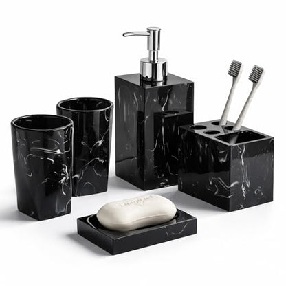 5 Piece Bathroom Accessories Set, Marble Resin Bathroom Vanity Set, Soap Dispenser, Toothbrush Holder, Soap Dish & 2 Tumblers, Bathroom Countertop Organizer Set (Ink Black) - color: Ink Black