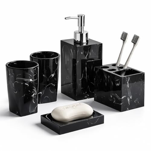 5 Piece Bathroom Accessories Set, Marble Resin Bathroom Vanity Set, Soap Dispenser, Toothbrush Holder, Soap Dish & 2 Tumblers, Bathroom Countertop Organizer Set (Ink Black) - color: Ink Black