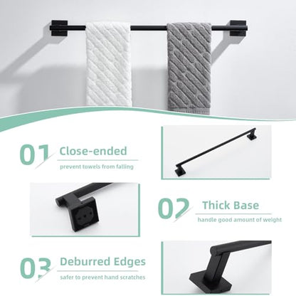 Suyar Bathroom Hardware Set Matte Black, Bathroom Accessories 4 Pieces | Include Robe Hook, Toilet Paper Holder, Hand Towel Holder, Towel Bar, SUS304 Stainless Steel, Wall Mounted - color: Matte Black