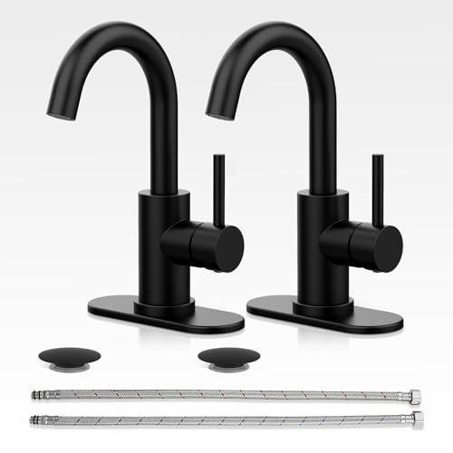 Black Bathroom Faucet with Pop-up Sink Drain Stopper, Stainless Steel Bathroom Sink Faucet, Single Handle 360° Swivel Gooseneck Spout Suitable for Bar Kitchen RV Vanity - color: 1.Matte Black, style: 2 PCS