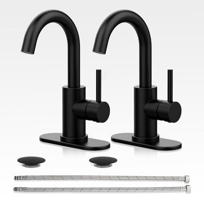 Black Bathroom Faucet with Pop-up Sink Drain Stopper, Stainless Steel Bathroom Sink Faucet, Single Handle 360° Swivel Gooseneck Spout Suitable for Bar Kitchen RV Vanity - color: 1.Matte Black, style: 2 PCS