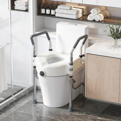 4.5" Raised Toilet Seat with Arms and Legs, 26.7" Wide, Adjustable Height, 4-Leg Raised Toilet Seat with Handles for Elderly, Elevated Toilet Seats for Seniors for Standard or Elongated Commode