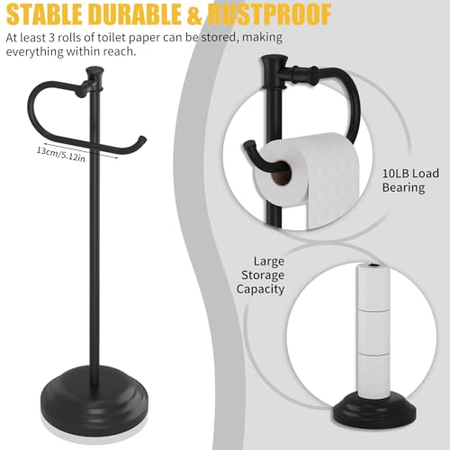 Toilet Paper Holder Floor Stand, Bathroom Freestanding Black | Toilet Tissue Roll Holder, Free Standing Rack with Storage, Weighted Base Accessories, SUS304 Stainless Steel Rustproof - color: Black