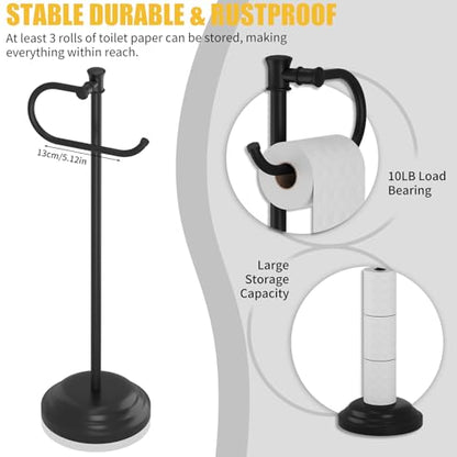 Toilet Paper Holder Floor Stand, Bathroom Freestanding Black | Toilet Tissue Roll Holder, Free Standing Rack with Storage, Weighted Base Accessories, SUS304 Stainless Steel Rustproof - color: Black