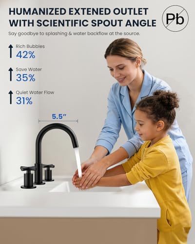 gotonovo 8’’ Bathroom Sink Faucet 3 Hole Matte Black,Curved Spout | Widespread Bathroom Faucet,6-16’’ Vanity,Sink,RV,Lavatory,2 Cross Handle,SUS304,360° Swivel Spout,24’’ cUPC Hose,Pop Up Drain