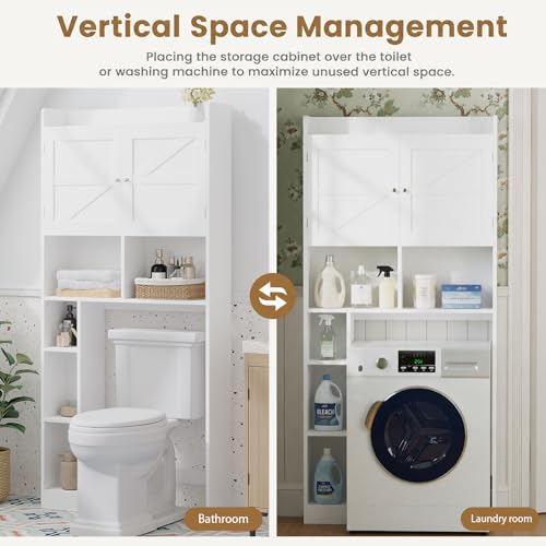 Over the Toilet Storage Cabinet, 66.92”H 7-Tier Bathroom Organizer Rack | Toilet Shelf with Side Cabinet and 2 Farmhouse Barn Doors,Freestanding Space Saver for Bathroom, Laundry, White
