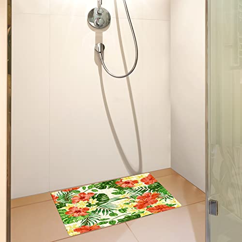 FCZ Bath Tub Mat Non Slip Shower Mat Tropical Floral Green Palm Tree Extra Long 26.8x15 inches Rectangular PVC Mat with Suction Cups Drain Holes Machine Washable - color: Tropical Floral Green Palm Tree