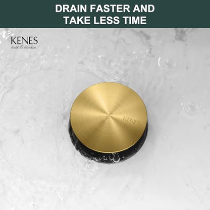 KENES Brushed Gold Pop Up Bathroom Sink Drain with Overflow, Bathroom Sink Drain Assembly with Strainer Pop Up Drain, Lavatory Bathroom Vanity Sink Pop Up Drain Stopper - color: Brushed Gold, size: Big Pop up Cap (With Overflow)