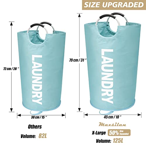 Maxsilan 125L X-Large Laundry Basket Bag, Collapsible Hamper, Light Blue | Freestanding tall laundry bag & foldable washing basket. Large capacity clothes storage bin with durable sturdy handles - color: Light Blue, size: 125L