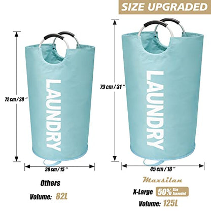Maxsilan 125L X-Large Laundry Basket Bag, Collapsible Hamper, Light Blue | Freestanding tall laundry bag & foldable washing basket. Large capacity clothes storage bin with durable sturdy handles - color: Light Blue, size: 125L