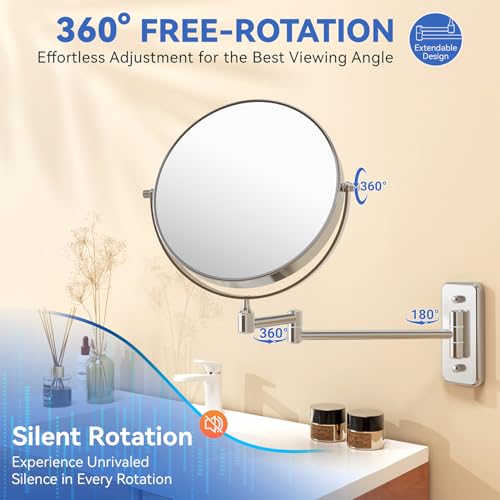 Auxmir 8" Double-Sided Wall-Mounted Makeup Mirror, 1X/30X Magnifying Mirror | stainless steel, 13-inch extendable swivel arm, 360°shaving rotation, bathroom makeup mirror, tweezers, Chrome - color: Chrome-1x/30x