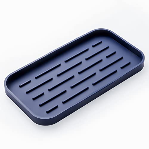 MicoYang Silicone Kitchen Sink Organizer Tray for Multiple Usage,Eco-Friendly Sponges Holder for Kitchen Bathroom Counter or Sink,Dish Soap Dispenser,Scrubber,Bottle,Cup (Navy Blue, 10"×5.3") - color: Navy Blue, size: 10" x 5.3" x 0.7"