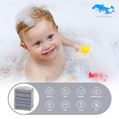 SWEET DOLPHIN 12 Pack Baby Muslin Washcloths - Soft Face Cloths for Newborn, Absorbent Bath Wash Cloths, Wipes, Burp Rag - Toddlers Essentials Stuff, Baby Registry as Shower -10"x10", Grey