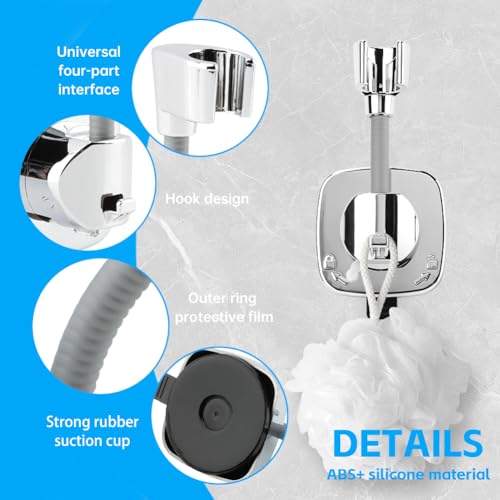 Shower Head Holder, Adjustable No-Drill Wall Mount for Suction Cup Handheld Shower, 360° Rotation ABS Shower Bracket with Hook, Fits RV/Apartments/Bathrooms
