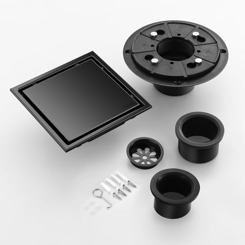 Hidden Brushed Square Shower Floor Drain, Black 6 inch, 304 Stainless Steel, with Flange, Detachable Cover Embedded in Ceramic Tiles - color: Hidden Black, size: 6 inch
