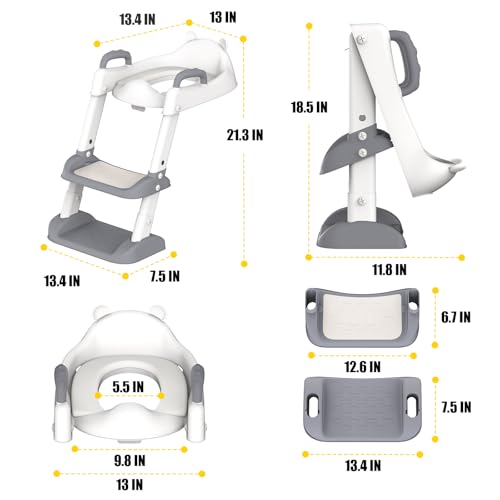 HBTower Potty Training Seat with Step Stool Ladder & Safety Handles,Grey | Foldable Toddler Toilet Seat with Splash Guard for Boys and Girls, Comfortable Kids Potty Cushion & Anti-Slip Pads