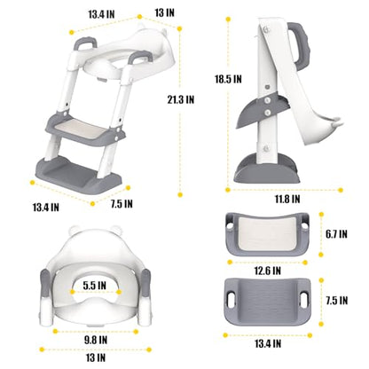 HBTower Potty Training Seat with Step Stool Ladder & Safety Handles,Grey | Foldable Toddler Toilet Seat with Splash Guard for Boys and Girls, Comfortable Kids Potty Cushion & Anti-Slip Pads