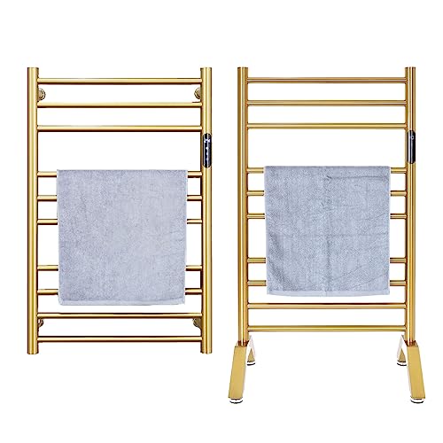Electric Towel Warmer Gold,Heated Towel Rack Free Standing & Wall Mounted Towel Racks for Bathroom 304 Stainless Steel Radiator 10 Bars Bath Towel Heater with Built-in Timer,Plug-in - color: Gold
