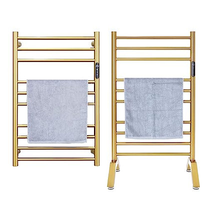Electric Towel Warmer Gold,Heated Towel Rack Free Standing & Wall Mounted Towel Racks for Bathroom 304 Stainless Steel Radiator 10 Bars Bath Towel Heater with Built-in Timer,Plug-in - color: Gold