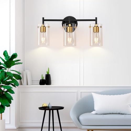 Indoi Bathroom Light Fixtures, 3-Light Black and Gold Vanity Light, Black Bathroom Lights Over Mirror with Clear Glass Shade for Mirror Bedroom Living Room - color: Black and Gold